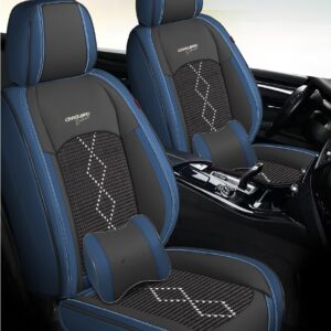 Huse auto premium 5 locuri Carguard Deluxe piele ecologică perforată și textil - negru - albastru închis
