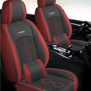 Huse auto premium 5 locuri Carguard Deluxe piele ecologică perforată și textil - roșu închis - negru